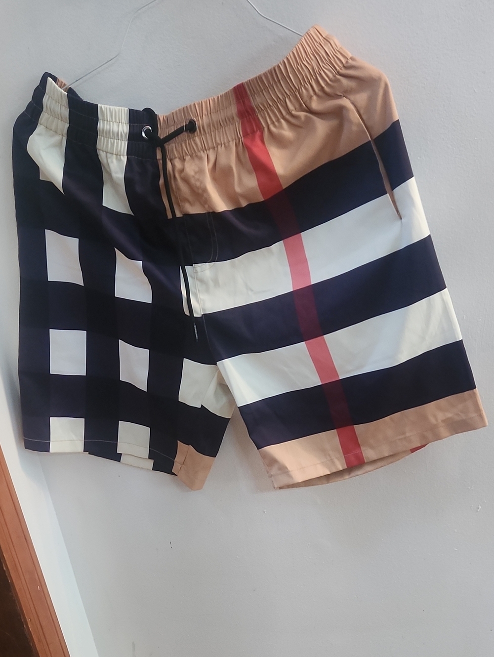 Burberry Men's Check Swim Shorts in Navy, Cream & Tan with Red Stripe